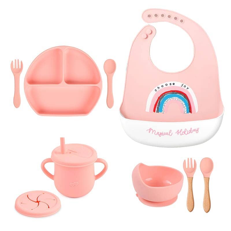 Kit 8 Pçs, Conjunto De Refeição Em Silicone Para Bebê, Prato com Ventosa, 100% Silicone, Babador Com Estampa